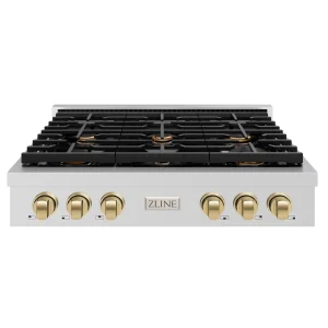 ZLINE Autograph Edition 36-Inch Paramount Gas Rangetop with 6 Burners and Porcelain Cooktop in Stainless Steel with Champagne Bronze Accents (SRTZ-36-