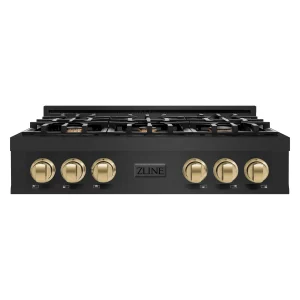 ZLINE Autograph Edition 36-Inch Porcelain Rangetop with 6 Gas Burners in Black Stainless Steel and Champagne Bronze Accents (RTBZ-36-CB)