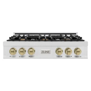 ZLINE Autograph Edition 36-Inch Porcelain Rangetop with 6 Gas Burners in Satin Stainless Steel and Champagne Bronze Accents (RTSZ-36-CB)