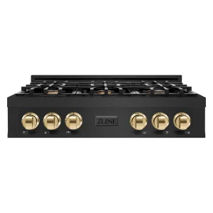 ZLINE Autograph Edition 36-Inch Porcelain Rangetop with 6 Gas Burners in Black Stainless Steel and Gold Accents (RTBZ-36-G)