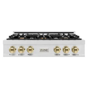 ZLINE Autograph Edition 36-Inch Porcelain Rangetop with 6 Gas Burners in Satin Stainless Steel and Gold Accents (RTSZ-36-G)