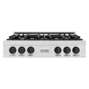 ZLINE Autograph Edition 36-Inch Porcelain Rangetop with 6 Gas Burners in Satin Stainless Steel and Matte Black Accents (RTSZ-36-MB)