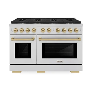 ZLINE Autograph Edition 48-Inch 6.7 cu. ft. Paramount Double Oven Dual Fuel Range with 8 Burner Gas Cooktop in Stainless Steel and Champagne Bronze Ac