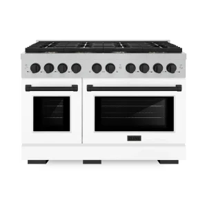 ZLINE Autograph Edition 48-Inch Paramount Gas Range with 6.7 cu. ft. Double Oven in Satin Stainless Steel with White Matte Door and Matte Black Accent