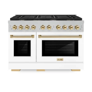 ZLINE Autograph Edition 48-Inch Paramount Gas Range with 6.7 Cu. Ft. Gas Stove and Gas Oven in Satin Stainless Steel with White Matte Door and Gold Ac