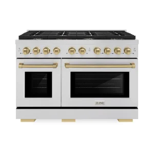 ZLINE Autograph Edition 48-Inch Paramount Gas Range with 8 Gas Burners and 6.7 cu. ft. Double Gas Oven in Stainless Steel and Champagne Bronze Accents
