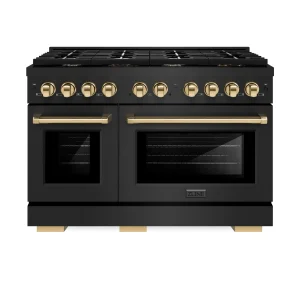 ZLINE Autograph Edition 48-Inch Paramount Gas Range with 8 Gas Burners and 6.7 cu. ft. Double Gas Oven in Black Stainless Steel and Polished Gold Acce