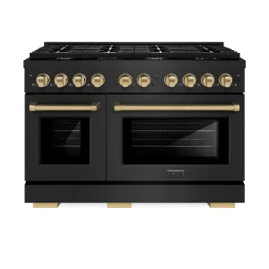 ZLINE Autograph Edition 48-Inch Paramount Gas Range with 8 Gas Burners and 6.7 cu. ft. Double Gas Oven in Black Stainless Steel and Champagne Bronze A