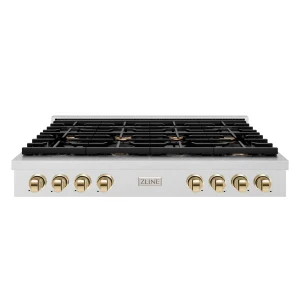 ZLINE Autograph Edition 48-Inch Paramount Gas Rangetop with 8 Burners and Porcelain Cooktop in Satin Stainless Steel with Polished Gold Accents (SRTSZ