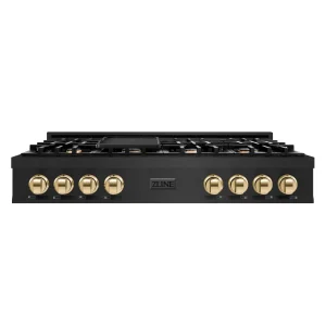 ZLINE Autograph Edition 48-Inch Porcelain Rangetop with 7 Gas Burners in Black Stainless Steel and Gold Accents (RTBZ-48-G)