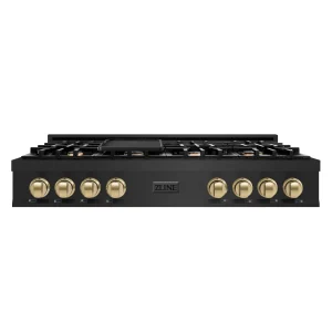ZLINE Autograph Edition 48-Inch Porcelain Rangetop with 7 Gas Burners in Black Stainless Steel and Champagne Bronze Accents (RTBZ-48-CB)
