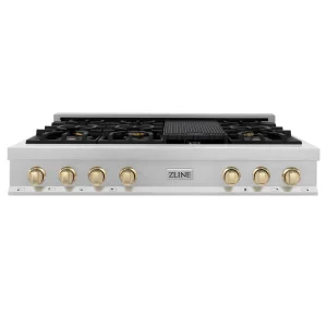 ZLINE Autograph Edition 48" Porcelain Rangetop with 7 Gas Burners in Satin Stainless Steel and Gold Accents (RTSZ-48-G)