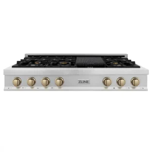 ZLINE Autograph Edition 48" Porcelain Rangetop with 7 Gas Burners in Satin Stainless Steel and Champagne Bronze Accents (RTSZ-48-CB)