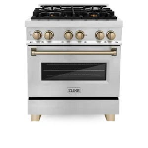 ZLINE Legacy Series Autograph Edition 30-inch Dual Fuel Range with Gas Stove and 4.0 Cu. Ft. Electric Oven in Stainless Steel with Champagne Bronze Ac