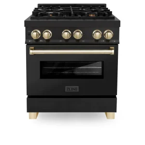 ZLINE Legacy Series Autograph Edition 30-inch Dual Fuel Range with Gas Stove and 4.0 Cu. Ft. Electric Oven in Black Stainless Steel with Gold Accents
