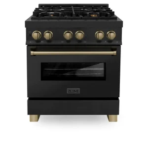 ZLINE Legacy Series Autograph Edition 30-inch Dual Fuel Range with Gas Stove and 4.0 Cu. Ft. Electric Oven in Black Stainless Steel with Champagne Bro