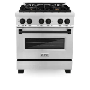 ZLINE Legacy Series Autograph Edition 30-inch Dual Fuel Range with Gas Stove and 4.0 Cu. Ft. Electric Oven in Stainless Steel with Matte Black Accents
