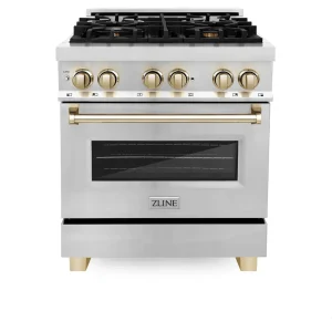ZLINE Legacy Series Autograph Edition 30-inch Dual Fuel Range with Gas Stove and 4.0 Cu. Ft. Electric Oven in Stainless Steel with Gold Accents (RAZ-3