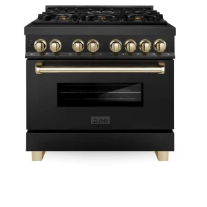 ZLINE Legacy Series Autograph Edition 36-inch Dual Fuel Range with 6 Gas Burner Stove and 4.6 Cu. Ft. Electric Oven in Black Stainless Steel with Gold