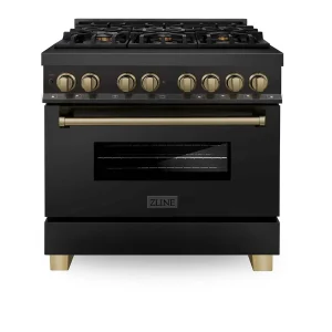 ZLINE Legacy Series Autograph Edition 36-inch Dual Fuel Range with 6 Gas Burner Stove and 4.6 Cu. Ft. Electric Oven in Black Stainless Steel with Cham