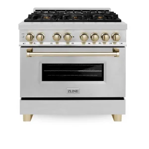 ZLINE Legacy Series Autograph Edition 36-inch Dual Fuel Range with Gas Stove and 4.6 Cu. Ft. Electric Oven in Stainless Steel with Gold Accents (RAZ-3