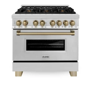 ZLINE Legacy Series Autograph Edition 36-inch Dual Fuel Range with Gas Stove and 4.6 Cu. Ft. Electric Oven in Stainless Steel with Champagne Bronze Ac