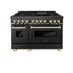 ZLINE Legacy Series Autograph Edition 48-inch Dual Fuel Range with 7 Gas Burner Stove and 6.0 Cu. Ft. Electric Oven in Black Stainless Steel with Gold