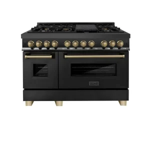 ZLINE Legacy Series Autograph Edition 48-inch Dual Fuel Range with 7 Gas Burner Stove and 6.0 Cu. Ft. Electric Oven in Black Stainless Steel Champagne