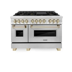 ZLINE Legacy Series Autograph Edition 48-inch Dual Fuel Range with Gas Stove and 6.0 Cu. Ft. Electric Oven in Stainless Steel with Gold Accents (RAZ-4