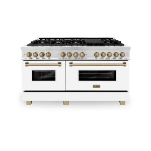 ZLINE Legacy Series Autograph Edition 60-inch Dual Fuel Range with Gas Stove and 7.4 Cu. Ft. Electric Oven in Stainless Steel with White Door and Bron