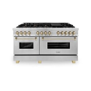 ZLINE Legacy Series Autograph Edition 60-inch Dual Fuel Range with Gas Stove and 7.4 Cu. Ft. Electric Oven in Stainless Steel with Gold Accents (RAZ-6